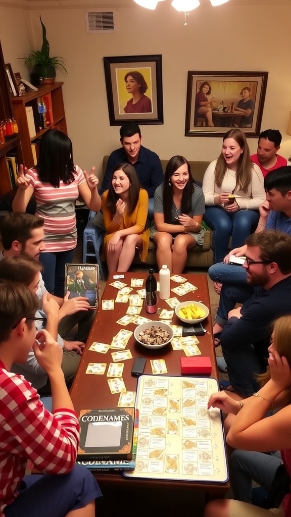 Friends enjoying party games in a cozy living room, including Codenames and Charades.